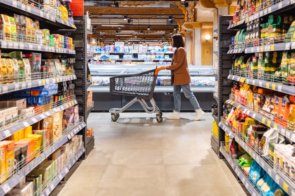 kobieta w supermarkecie i zastanawia się co i za co kupić by było jednocześnie zdrowe i niedrogie